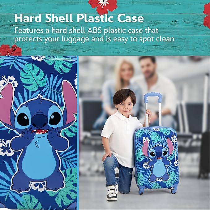 FUL Disney Stitch 21 Inch Kids Carry On Luggage, Hardshell Rolling Suitcase with Spinner Wheels, Blue