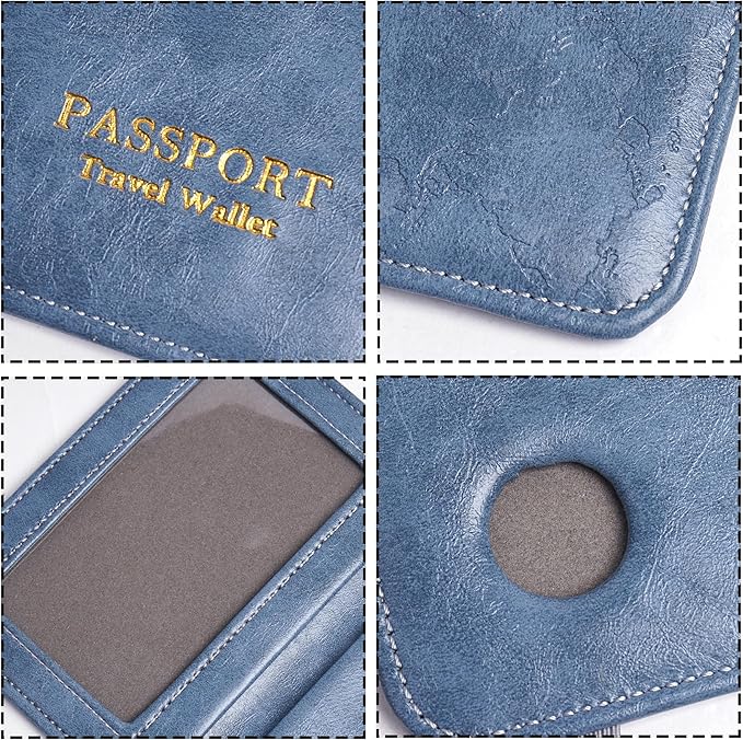 QIELIZI Passport Holder with Airtag Slot, Airtag Passport Wallet for Men Women, Slim Leather Passport Holder Case Family for Travel Anti-Lost(1-Grey Blue)