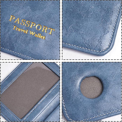 QIELIZI Passport Holder with Airtag Slot, Airtag Passport Wallet for Men Women, Slim Leather Passport Holder Case Family for Travel Anti-Lost(1-Grey Blue)