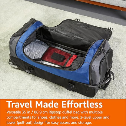 Amazon Basics 35-Inch Large Rolling Duffle Bag with Wheels and Handle, Travel Duffle Bag with Durable Ripstop Polyester Material, 2 Layers of Space, Multiple Interior and Exterior Pockets, Blue