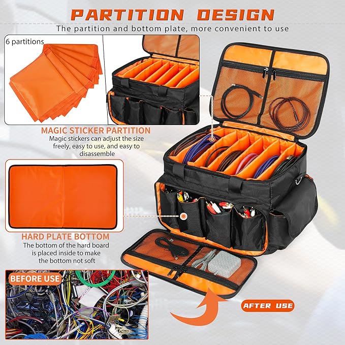 DJ Cable File Bag With Adjustable Dividers, Dj Gig Bag for Cables, Cords, DJ Gear, Sound Instrument and Accessories, Cable Organizer Bag 16L x 11W x 12H inch