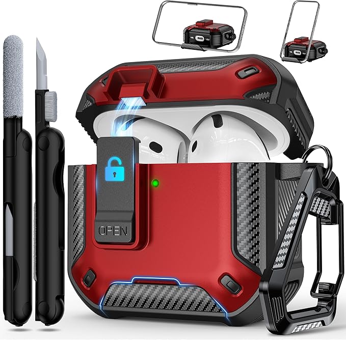 RFUNGUANGO Compatible AirPods 4th Generation Protective Case with Phone Holder and Compatible Back Magnetic Suction Function, Suitable for AirPods 4th Case-Red