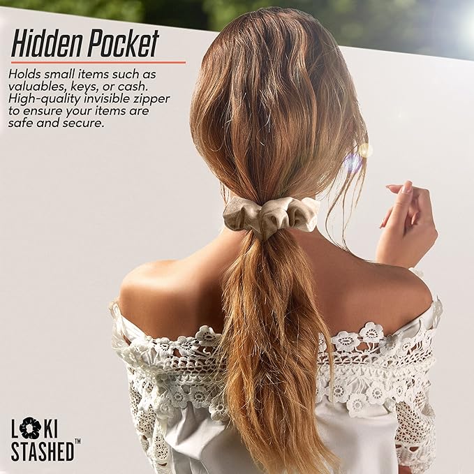 3-PACK Velvet Hair Tie Scrunchies for VSCO Girls & Women, THE ORIGINAL HIDDEN POCKET SCRUNCHIE with Zipper Pocket Storage, Accessories, Small Items, Keys, Money (Mocha Set)