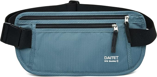 RFID Blocking Money Belt for Men Women, Slim Fanny Pack for Travel，Running,Conceal Waist Wallet for Passport Holder,Phone,Cash(Black Turquoise)