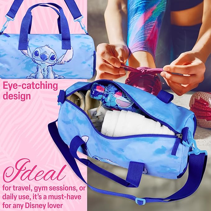 Disney Stitch Kids Duffel Bag, 15x8” Small Travel Bag with Adjustable Strap for Gym, Sports, Overnight Duffle, School Essentials, Gifts for Kids (Blue Stitch)