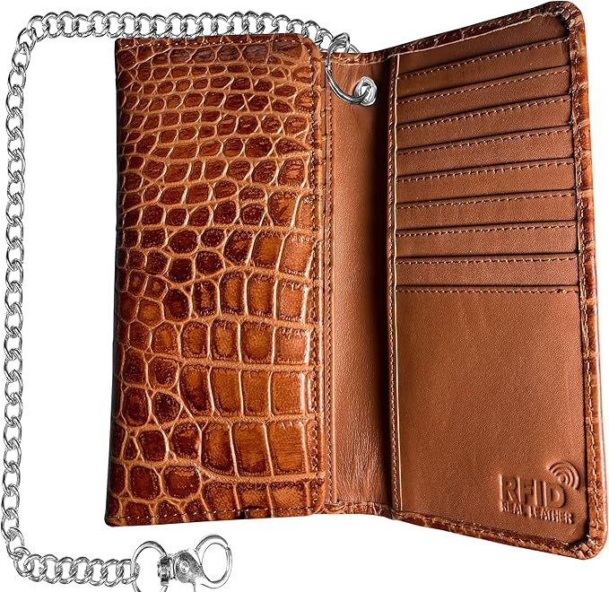 IBRO VINTAGE Motorcycle Chain Wallet for Men – Premium Cowhide Leather, RFID Tri-Fold Biker Wallet with Heavy Duty Chain for Bikers Truckers & Hunters, Credit Card Money Organizer Long Wallet