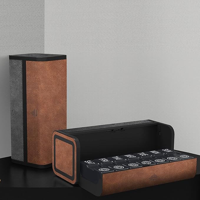 Pill Organizer Weekly, 2 Times a Day for 7-Day Leather Medicine Box Travel Container Vitamin Am Pm Pill Case, Twice Daily Privacy Pill Holder, Modern and Portable Pillbox (Black and Brown)