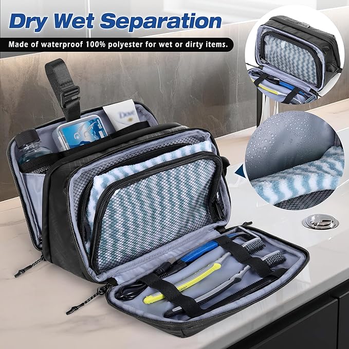 Yarwo Travel Toiletry Bag for Men, Hanging Dopp Kit Shaving Storage Case, Water-resistant Toiletry Organizer Hygiene Bag for Toiletries, Skincare, Razor, Makeup, Cosmetics, Shower Essentials