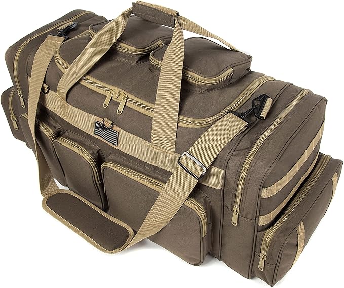 K-Cliffs Tactical Range Duffel Heavy Duty Large Gear Duffle Durable Quality Travel Sports Gym Equipment Bag Military Molle with Lockable Zippers with US Flag Patch 33 Inch Khaki