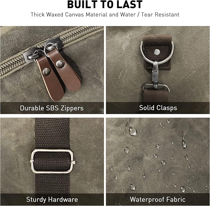 Wildroad Waxed Canvas Duffle Bag - 50L Waterproof Weekender Overnight Travel Bag