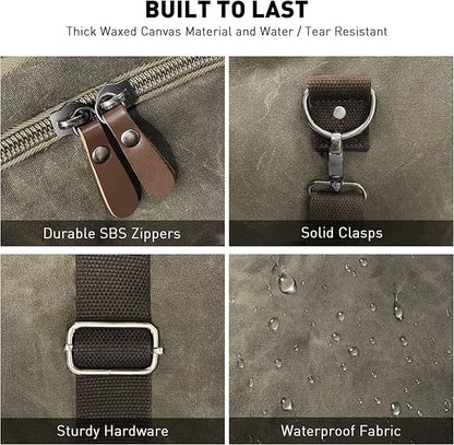 Wildroad Waxed Canvas Duffle Bag - 50L Waterproof Weekender Overnight Travel Bag