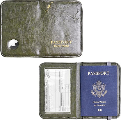 QIELIZI Passport Holder with Airtag Slot, Airtag Passport Wallet for Men Women, Slim Leather Passport Holder Case Family for Travel Anti-Lost(1-Green)