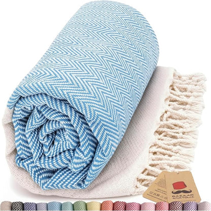 Bazaar Anatolia Turkish Beach Towel 100% Cotton Bath Towels 71x39 Quick Dry Sand Free Lightweight Large Oversized Herringbone Turquoise