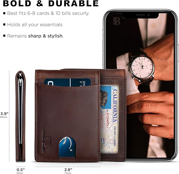 SERMAN BRANDS RFID Blocking Slim Bifold Genuine Leather Minimalist Front Pocket Wallets for Men with Money Clip Thin Gift