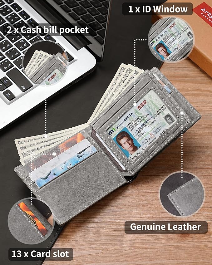 Mens Wallet Bifold Genuine Leather RFID Blocking Wallet for Men with 1 ID Windows 13 Card Holders 2 cash pockets 1 Gift Box