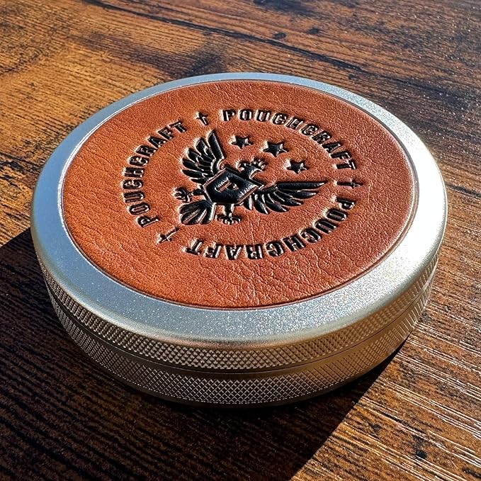 Leather-Faced Metal Pouch Can | Metal Container | Slim EDC Pocket Tin | Airtight & Moisture-Resistant | Daily Organizer | Pill Case & Travel Tin | Father’s Day Gift for Dad | (Insignia Ed, Silver)