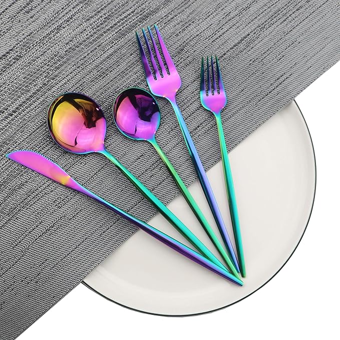JASHII Shiny Rainbow Silverware Set, 30-Piece Stainless Steel Satin Finish Flatware, Kitchen Utensils, Mirror Polished Tableware Cutlery for Home and Restaurant, Dishwasher Safe