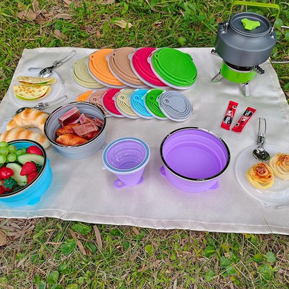 Mess Kit for Camping Silicone Collapsible Bowl Collapsible Cup and Stainless Steel Spoon for Backpacking Outdoor Hiking Traveling and Picnic