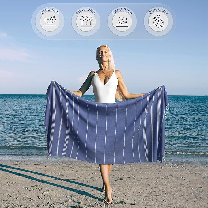Turkish Beach Towel Compact & Lightweight Extra Large (39" x 71") - Quick Dry, Versatile and Functional as Picnic, Travel and Yoga Blanket, Pool, Shower, Cruise and Gym Towel - Royal Blue