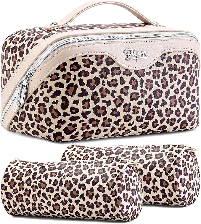 BOYATU Travel Makeup Bag for Women: 3 Pcs Set Portable Make up Bags with Handle - Leopard Print Cosmetic Bags with Comparments - Waterproof Vegan Leather Toiletry Bag (A-1-Beige)