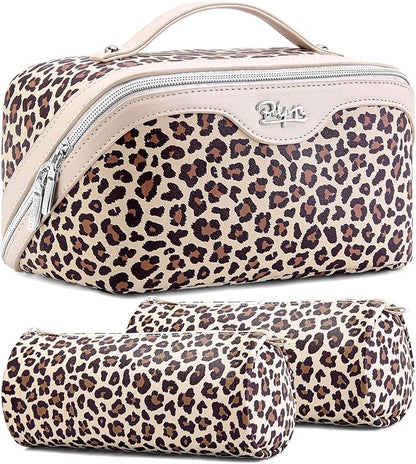 BOYATU Travel Makeup Bag for Women: 3 Pcs Set Portable Make up Bags with Handle - Leopard Print Cosmetic Bags with Comparments - Waterproof Vegan Leather Toiletry Bag (A-1-Beige)