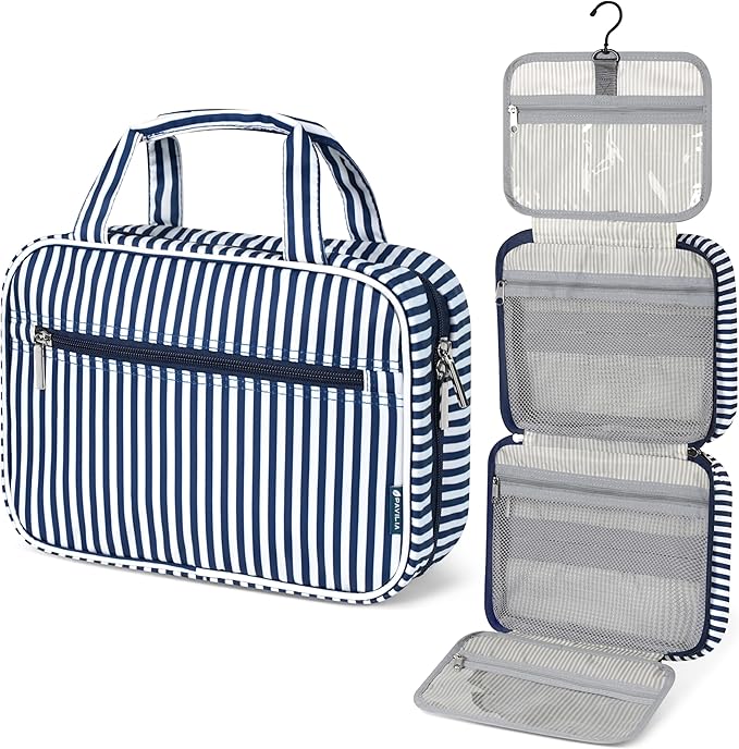 PAVILIA Hanging Toiletry Bag Travel Bag Women Men, Foldable Cosmetic Organizer, Roll up Makeup Bag, Water Resistant Accessories Toiletries, Large Travel Essentials Kit (Navy Stripe)