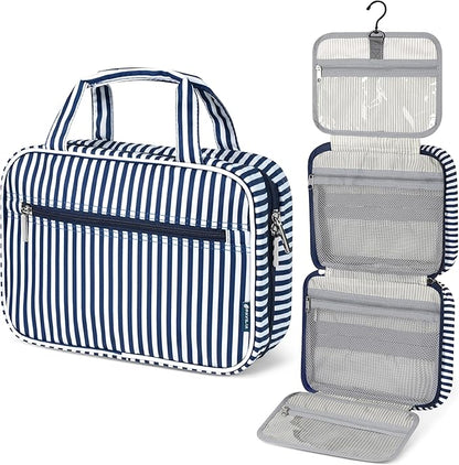 PAVILIA Hanging Toiletry Bag Travel Bag Women Men, Foldable Cosmetic Organizer, Roll up Makeup Bag, Water Resistant Accessories Toiletries, Large Travel Essentials Kit (Navy Stripe)