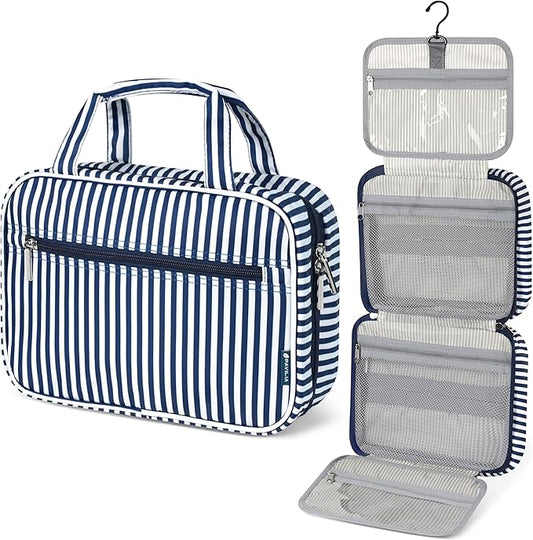 PAVILIA Hanging Toiletry Bag Travel Bag Women Men, Foldable Cosmetic Organizer, Roll up Makeup Bag, Water Resistant Accessories Toiletries, Large Travel Essentials Kit (Navy Stripe)