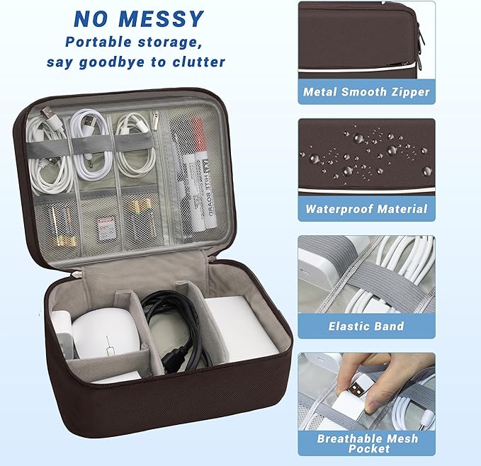 Electronics Organizer,Travel Cord Organizer Pouch, Portable Cable Organizer Bags, Waterproof Electronic Accessories Storage Case for Cables, Cords, Charger, Phone (Double Layer-Brown)