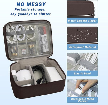 Electronics Organizer,Travel Cord Organizer Pouch, Portable Cable Organizer Bags, Waterproof Electronic Accessories Storage Case for Cables, Cords, Charger, Phone (Double Layer-Brown)