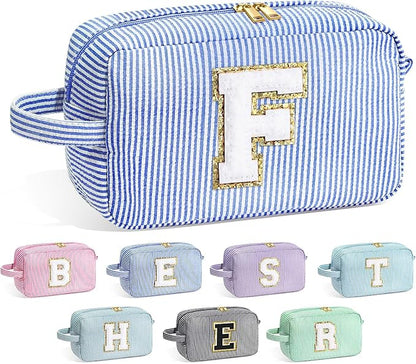 YOOLIFE Gifts for Friend - Personalized Best Friend Birthday Gifts for Women Her Friend Friendship, Sister Gifts from Sister, Monogram Initial Blue Makeup Bag Cosmetic Toiletry Pouch Make Up Case F