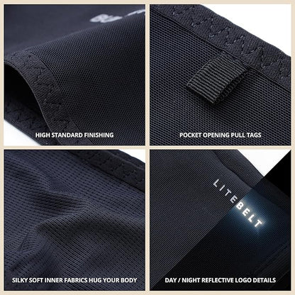 Build & Fitness LiteBelt Running Belt – 4 Quick Top-Access Pockets –Flip Waist Pack, Running Phone Holder – Fits All Size Phones, Keys, Cards, Earpods, GUs – for Men and Women (Black, XL)