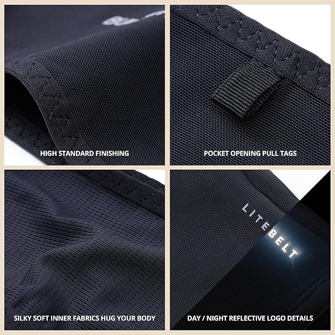 Build & Fitness LiteBelt Running Belt – 4 Quick Top-Access Pockets –Flip Waist Pack, Running Phone Holder – Fits All Size Phones, Keys, Cards, Earpods, GUs – for Men and Women (Black, XS)