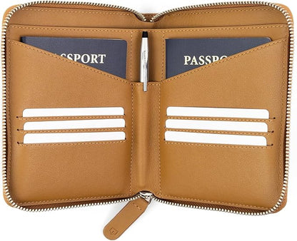 Full Grain Leather Passport Holder for 2 Passports - Dual Passport Holder and Travel Documents Organizer - RFID Travel Wallet for Couples - Camel