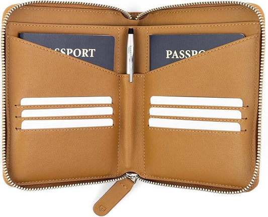 Full Grain Leather Passport Holder for 2 Passports - Dual Passport Holder and Travel Documents Organizer - RFID Travel Wallet for Couples - Camel
