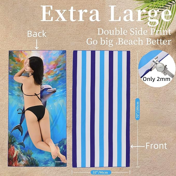 Microfiber Extra Large, Oversized Blue White Striped Beach Towels (70''x35''), Soft&Lightweight 2 Pack XL Quick Dry Cute Dolphin Towel for Adults & Women，Sand Free for Pool,Spa,Swim,Travel