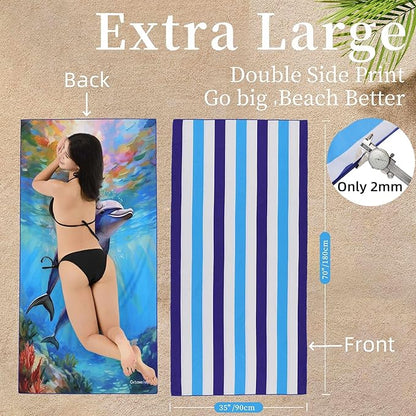 Microfiber Extra Large, Oversized Blue White Striped Beach Towels (70''x35''), Soft&Lightweight 2 Pack XL Quick Dry Cute Dolphin Towel for Adults & Women，Sand Free for Pool,Spa,Swim,Travel