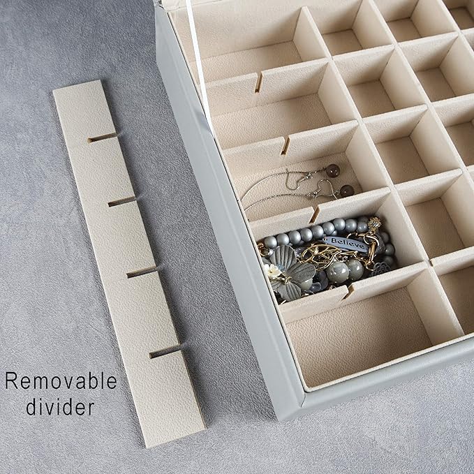 Frebeauty Earring Organizer Classic Jewelry Box 50 Slots Double Layer Jewelry Storage Case with 6 Necklace Hook and Bracelet Pocket(Grey)
