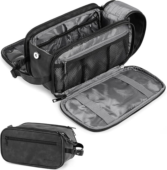 PAVILIA Toiletry Bag for Men Women, Mens Travel Bag Toiletries Organizer Case for Grooming, Travel Essentials Shaving Dopp Kit, PU Leather Water Resistant Cosmetic Pouch, Black