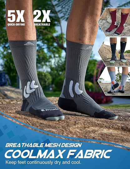 Men's Compression Running Socks: Coolmax Athletic Crew Socks Moisture Wicking Anti-Blister Cushion for Hiking 3 Pairs