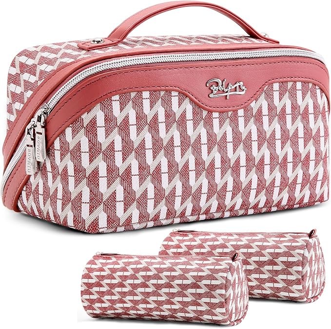 BOYATU Travel Makeup Bags for Women: Large Capacity Cosmetic Bag Set of 3 - Vegan Leather Make up Bags with Compartments - Wide Open Waterproof Toiletry Organizer Bag with Handle (B-03-Red)