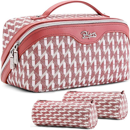 BOYATU Travel Makeup Bags for Women: Large Capacity Cosmetic Bag Set of 3 - Vegan Leather Make up Bags with Compartments - Wide Open Waterproof Toiletry Organizer Bag with Handle (B-03-Red)