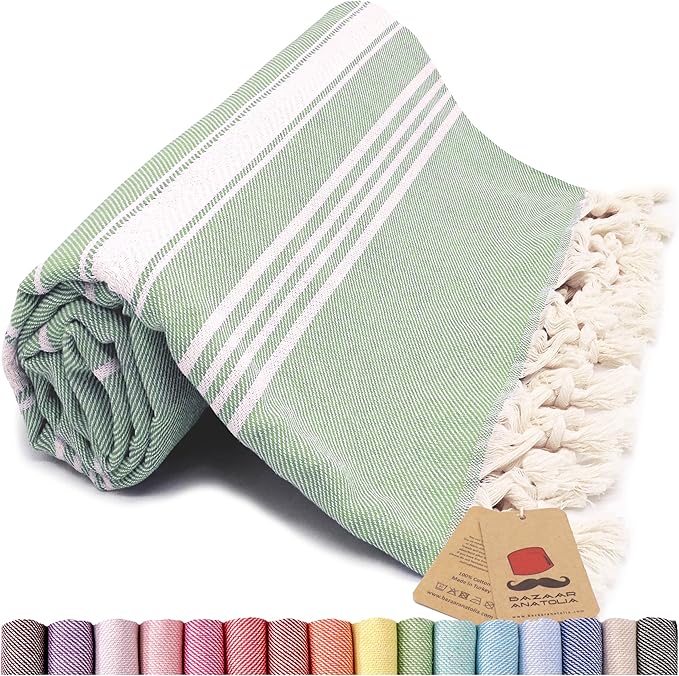 Bazaar Anatolia Turkish Beach Towel – 100% Cotton, Quick Dry, Sand Free Towel for Bathroom, Camping, Travel, Sage Olive – Oversized 71x39 Inches – Stripe Green