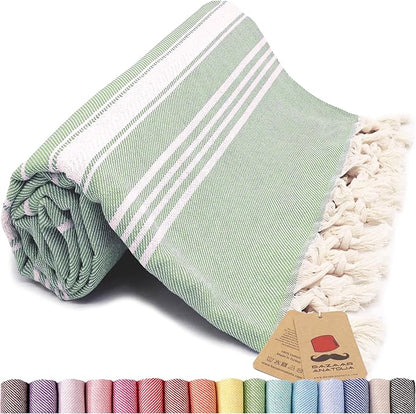 Bazaar Anatolia Turkish Beach Towel – 100% Cotton, Quick Dry, Sand Free Towel for Bathroom, Camping, Travel, Sage Olive – Oversized 71x39 Inches – Stripe Green