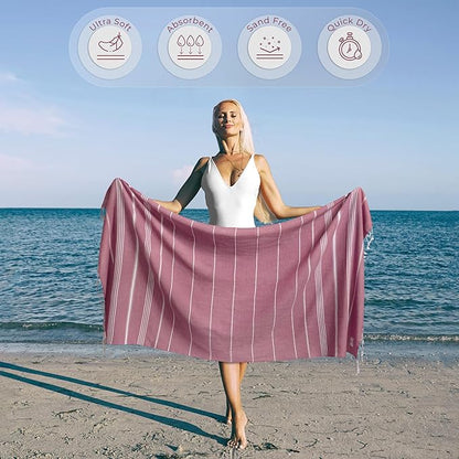 Turkish Beach Towel Soft & Drying Oversized (39" x 71") - Quick Dry, Versatile and Functional as Picnic, Travel and Beach Blanket, Yoga, Gym, Pool and Cruise Towels - Pink