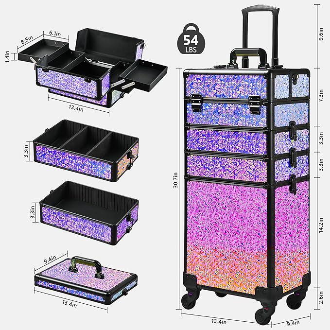 Rolling Makeup Case, Makeup Train Case with Lid, 5 in 1 Cosmetology Case on Wheels, Christmas Gift, Large Makeup Case Organizers, Profesional Cosmetic Case for Salon Barber,Black Colorful