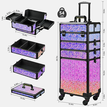 Rolling Makeup Case, Makeup Train Case with Lid, 5 in 1 Cosmetology Case on Wheels, Christmas Gift, Large Makeup Case Organizers, Profesional Cosmetic Case for Salon Barber,Black Colorful