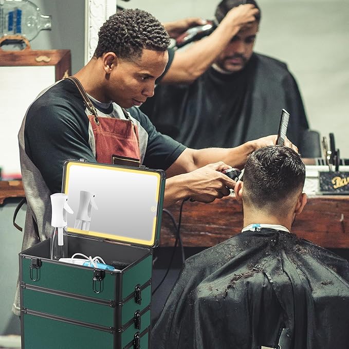 Makeup Train Case with LED Mirror, Rolling Makeup Case with Drawers, Cosmetology Case on Wheels, Gift, Travel Makeup Organizers, Profesional Cosmetic Case for Salon Barber,Nail,Tattoo,Green