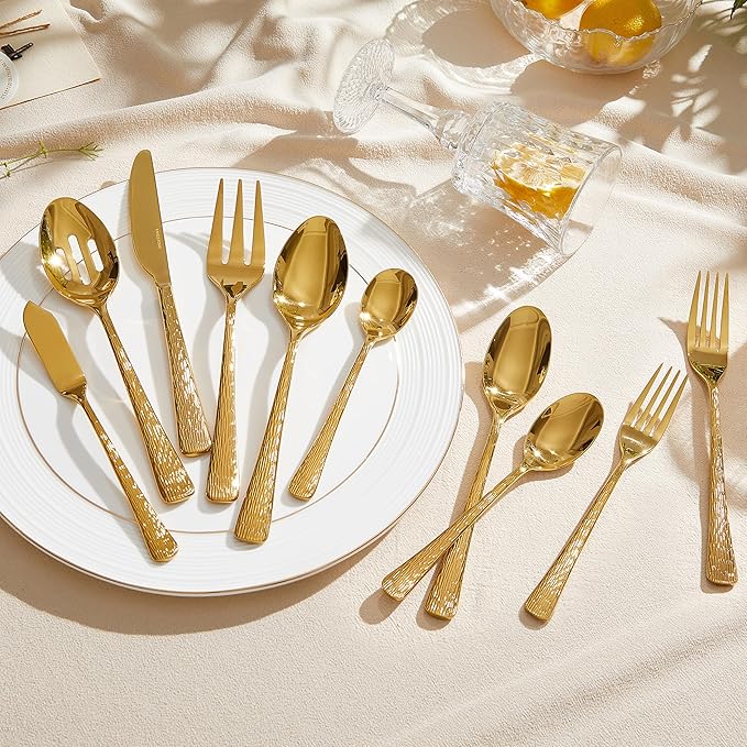 KINGSTONE Gold Hammered Silverware Set, Flatware Set with Serving Utensils, 18/10 Stainless Steel Premium Cutlery with Unique Ripple Handles Design Mirror Polished - Dishwasher Safe (65-Piece)