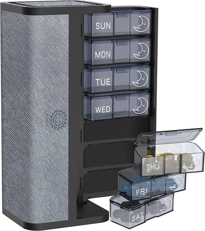 7-Day AM/PM Pill Organizer with Scratch-Resistant Leather Case - Portable Weekly Travel Medicine Box with Detachable Daily Pods & Privacy Design (Silver Black)